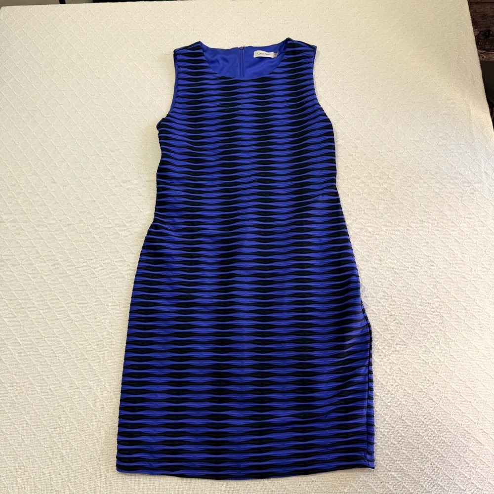 Calvin Klein Womens Blue Black Textured Wave Sleeveless Sheath Dress Size 10